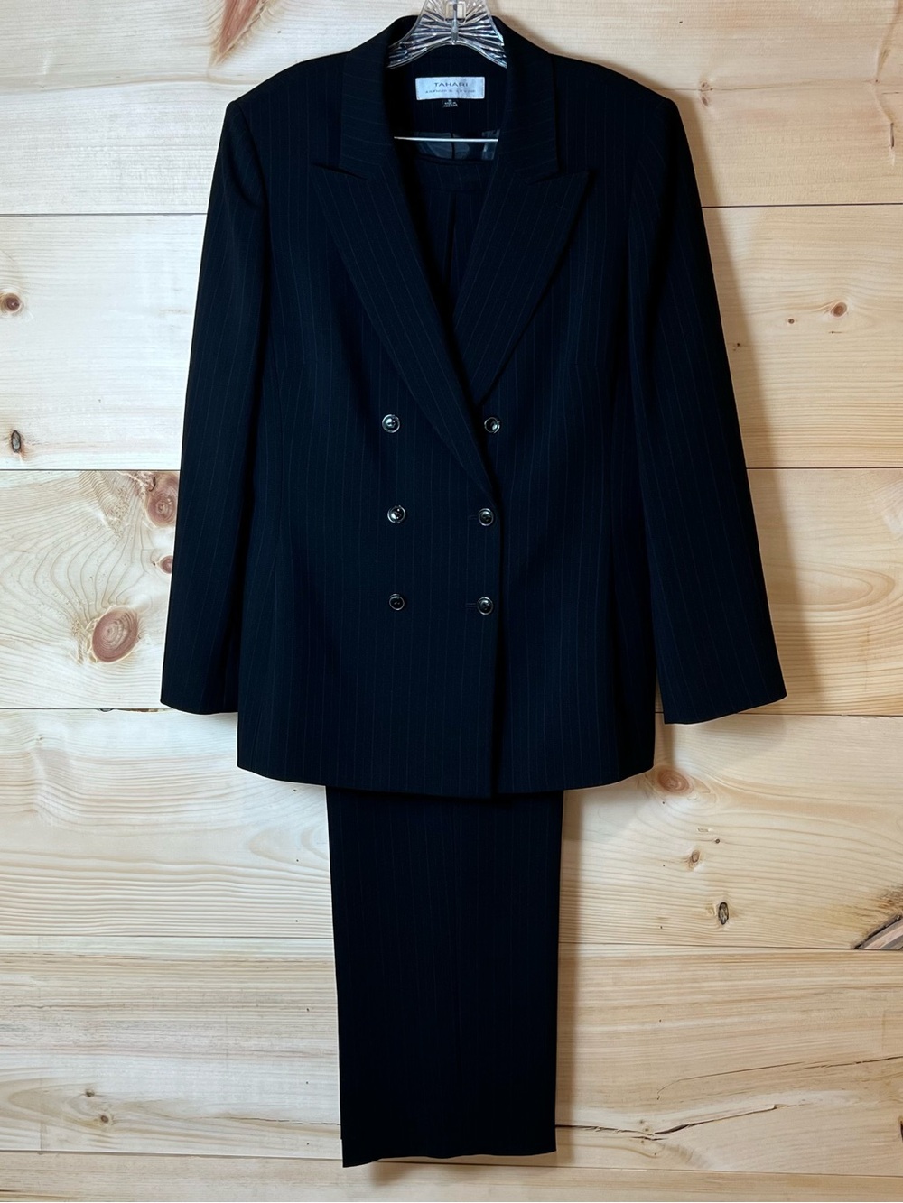 Tahari Black w/Blue Pinstripe Double-Breasted Blazer Suit Set Power Girl Boss